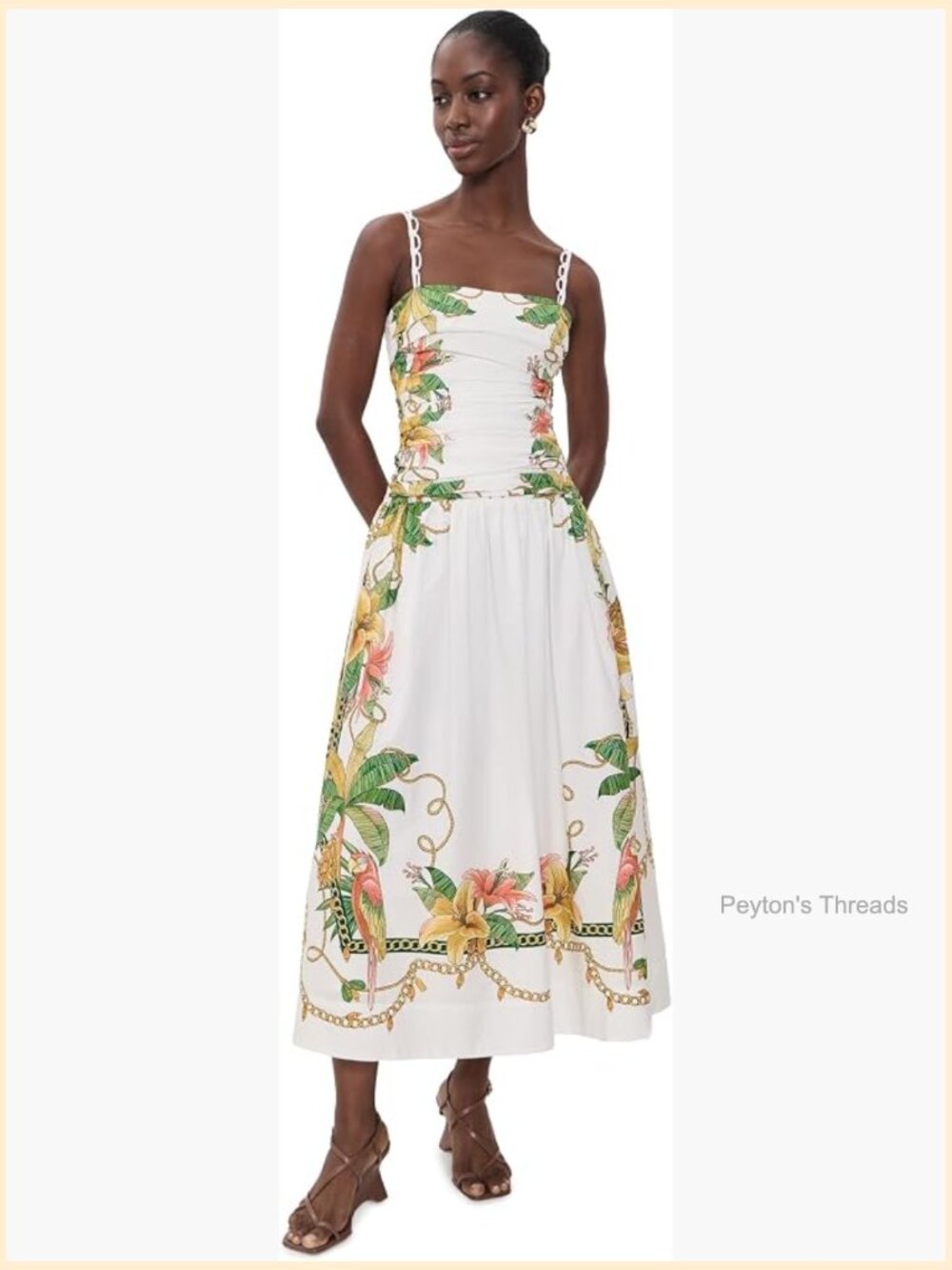 Square Neck Midi Dress with Smocked Back and Adjustable Straps - Picture 1 of 6